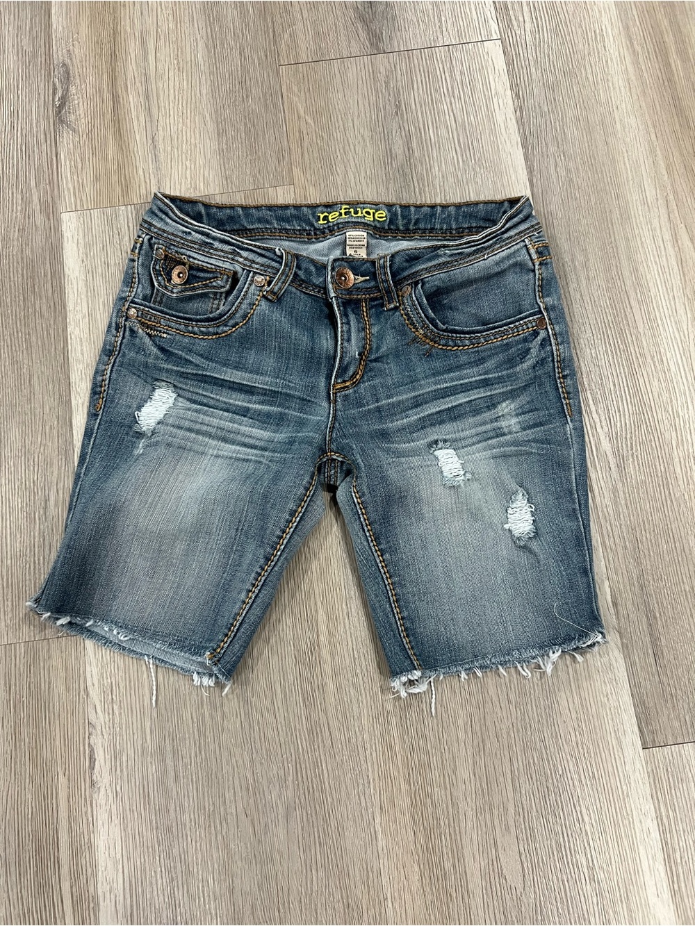 refuge Distressed Mid-Wash Denim Bermuda Shorts